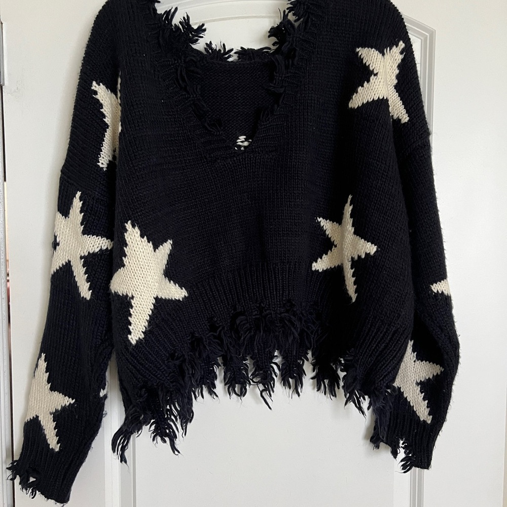 Fringed Star Pattern Sweater - Dark Blue and White